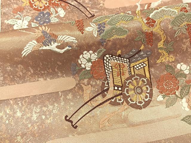 平和屋着物◎六通柄袋帯 唐織 御所車花鳥文 金糸 引箔 正絹 逸品 BAAS8957ui