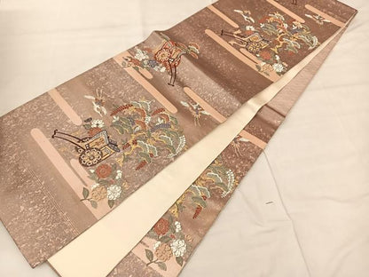 平和屋着物◎六通柄袋帯 唐織 御所車花鳥文 金糸 引箔 正絹 逸品 BAAS8957ui