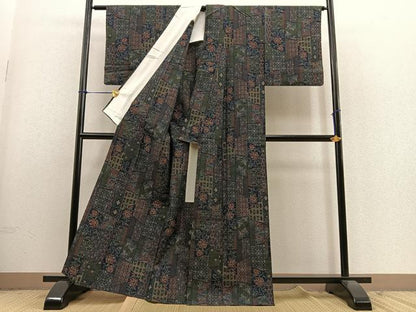平和屋着物▽上質な紬 単衣 吉祥花唐草文 正絹 逸品 BAAS9215ow