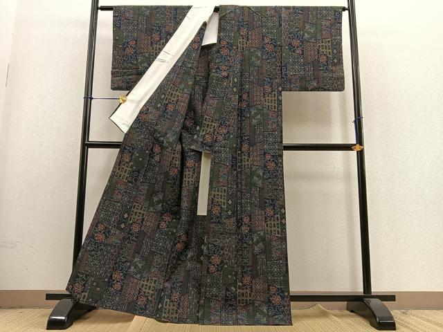 平和屋着物▽上質な紬 単衣 吉祥花唐草文 正絹 逸品 BAAS9215ow