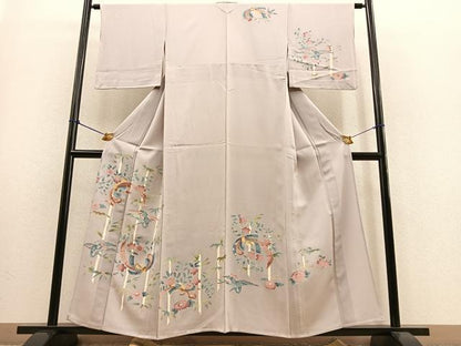 平和屋着物▽訪問着 単衣 束ね熨斗飛鶴笹竹文 正絹 逸品 BAAS9220ow