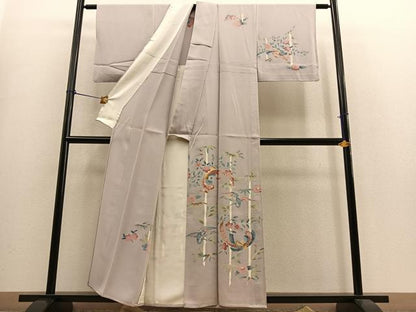 平和屋着物▽訪問着 単衣 束ね熨斗飛鶴笹竹文 正絹 逸品 BAAS9220ow