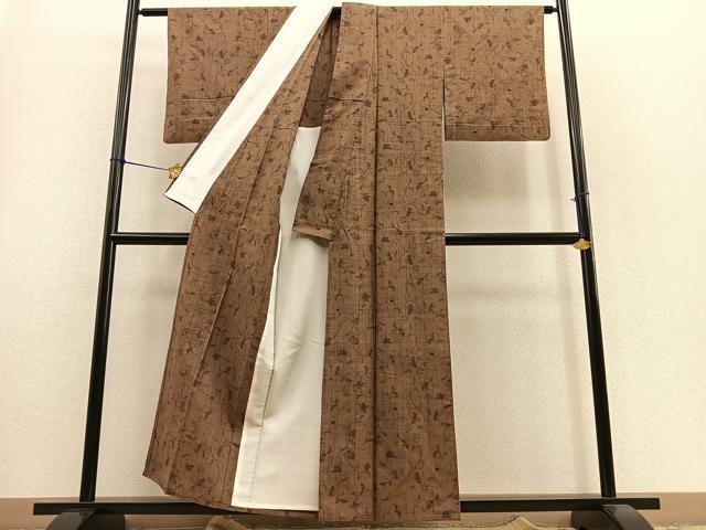平和屋着物▽上質な紬 単衣 花唐草文 正絹 逸品 BAAS9221ow