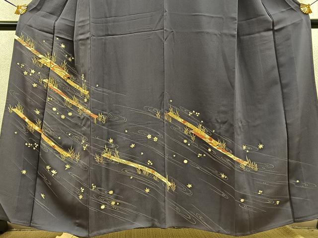 平和屋着物▽訪問着　単衣　駒刺繍　流水草花文　金彩　正絹　逸品　BAAS9236ow