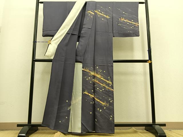 平和屋着物▽訪問着　単衣　駒刺繍　流水草花文　金彩　正絹　逸品　BAAS9236ow