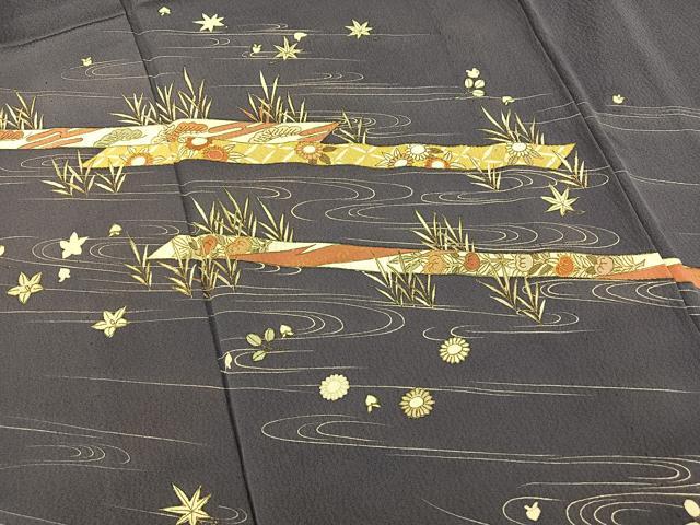 平和屋着物▽訪問着　単衣　駒刺繍　流水草花文　金彩　正絹　逸品　BAAS9236ow