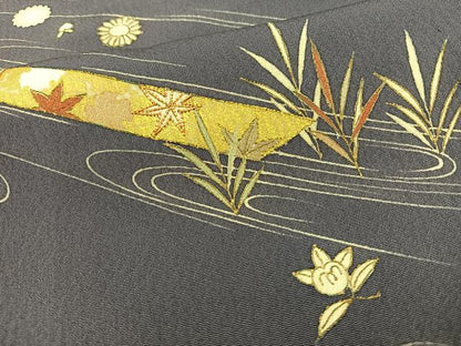 平和屋着物▽訪問着　単衣　駒刺繍　流水草花文　金彩　正絹　逸品　BAAS9236ow