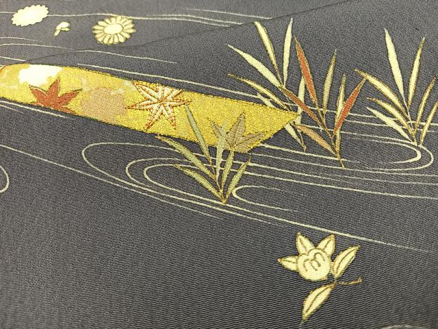 平和屋着物▽訪問着　単衣　駒刺繍　流水草花文　金彩　正絹　逸品　BAAS9236ow