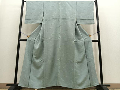平和屋着物▽上質な色無地　単衣　雲重ね地紋　秘色色　正絹　逸品　BAAS9237ow