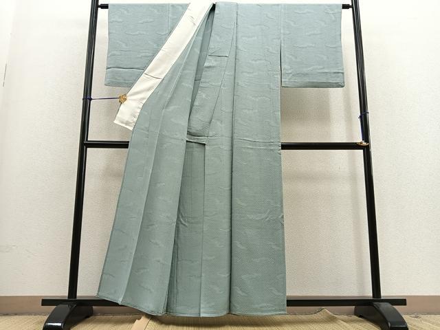 平和屋着物▽上質な色無地　単衣　雲重ね地紋　秘色色　正絹　逸品　BAAS9237ow