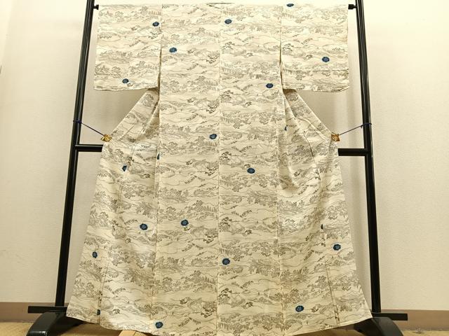 平和屋着物▽上質な小紋 単衣 絞り 人物風景文 正絹 逸品 BAAS9244ow