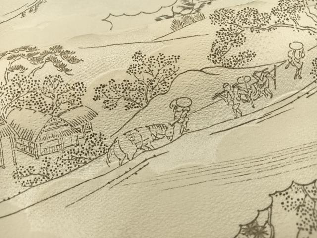 平和屋着物▽上質な小紋 単衣 絞り 人物風景文 正絹 逸品 BAAS9244ow