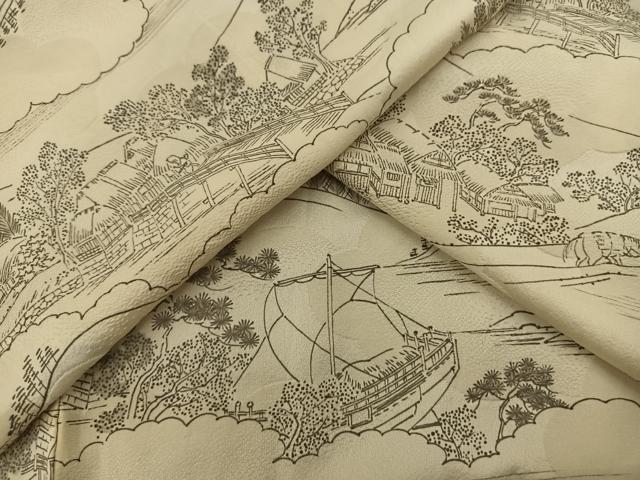 平和屋着物▽上質な小紋 単衣 絞り 人物風景文 正絹 逸品 BAAS9244ow