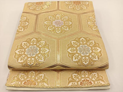 平和屋着物◎六通柄袋帯 亀甲花文 金糸 正絹 逸品 BAAS9380ow