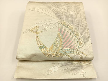 平和屋着物◎太鼓柄袋帯 駒刺繍 孔雀文 金銀糸 引箔 正絹 逸品 BAAS9404ow