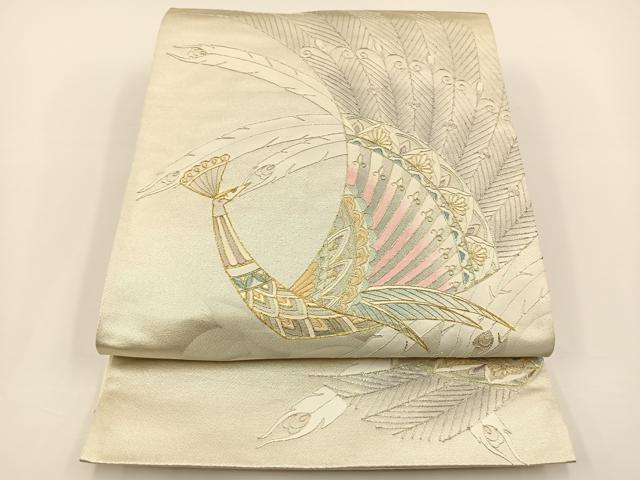 平和屋着物◎太鼓柄袋帯 駒刺繍 孔雀文 金銀糸 引箔 正絹 逸品 BAAS9404ow