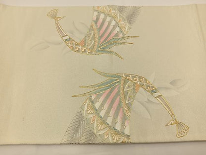 平和屋着物◎太鼓柄袋帯 駒刺繍 孔雀文 金銀糸 引箔 正絹 逸品 BAAS9404ow