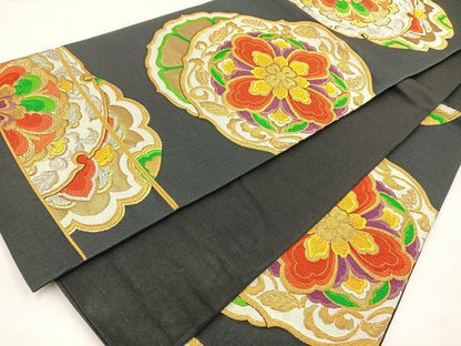 平和屋着物◎六通柄袋帯 唐織 鏡裏花文 黒地 金糸 正絹 逸品 BAAS9414ow
