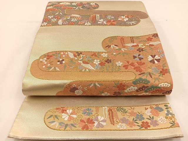 平和屋着物◎六通柄袋帯 ヱ霞花鳥文 金糸 引箔 正絹 逸品 BAAS9430ow