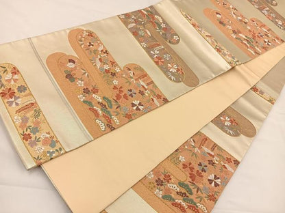 平和屋着物◎六通柄袋帯 ヱ霞花鳥文 金糸 引箔 正絹 逸品 BAAS9430ow