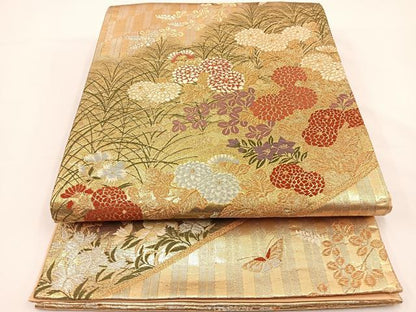 平和屋着物◎六通柄袋帯 花蝶文 金銀糸 正絹 逸品 BAAS9432ow