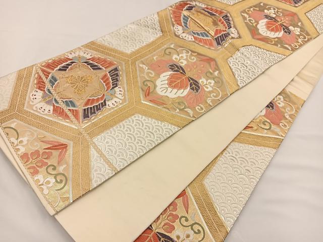 平和屋着物◎六通柄袋帯 唐織 亀甲花蝶文 金糸 正絹 逸品 BAAS9433ow