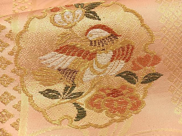 平和屋着物◎六通柄袋帯 雪輪花鳥文 金糸 正絹 逸品 BAAS9436ow