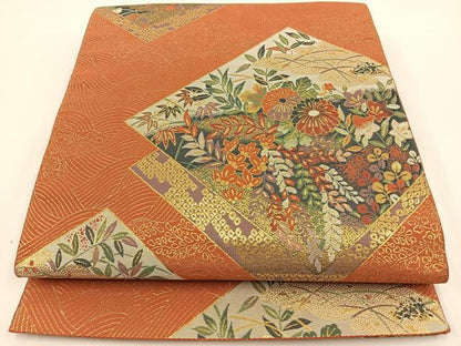 平和屋着物◎六通柄袋帯 博麗 草花文 金糸 正絹 逸品 BAAS9443ow
