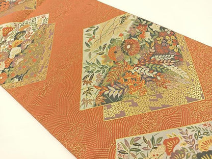 平和屋着物◎六通柄袋帯 博麗 草花文 金糸 正絹 逸品 BAAS9443ow