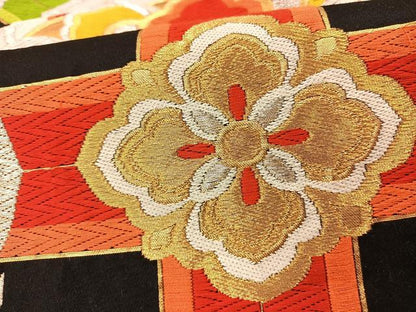 平和屋着物◎六通柄袋帯 唐織 正倉院花文 黒地 金銀糸 正絹 逸品 BAAS9453ow