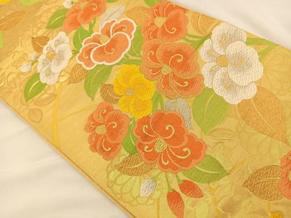 平和屋着物◎六通柄袋帯 唐織 椿文 金銀糸 引箔 正絹 逸品 BAAS9458ow