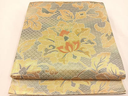 平和屋着物◎六通柄袋帯 更紗花文 銀糸 正絹 逸品 BAAS9460ow