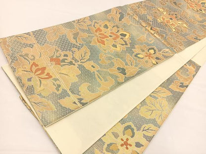 平和屋着物◎六通柄袋帯 更紗花文 銀糸 正絹 逸品 BAAS9460ow