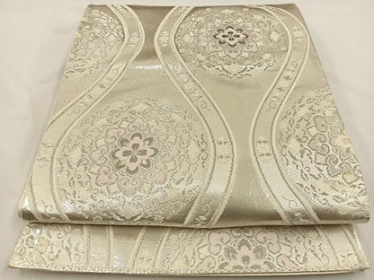 平和屋着物◎六通柄袋帯 唐織 プラチナ本銀箔二重織 縦枠花文 正絹 逸品 BAAS9486ow
