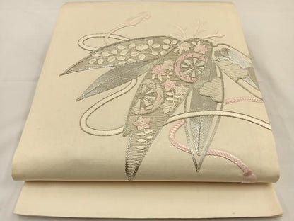 平和屋着物◎太鼓柄袋帯 総駒刺繍 笹 銀糸 正絹 逸品 BAAS9491ow