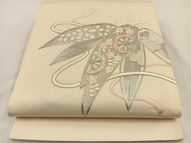 平和屋着物◎太鼓柄袋帯 総駒刺繍 笹 銀糸 正絹 逸品 BAAS9491ow