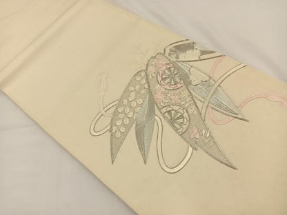 平和屋着物◎太鼓柄袋帯 総駒刺繍 笹 銀糸 正絹 逸品 BAAS9491ow
