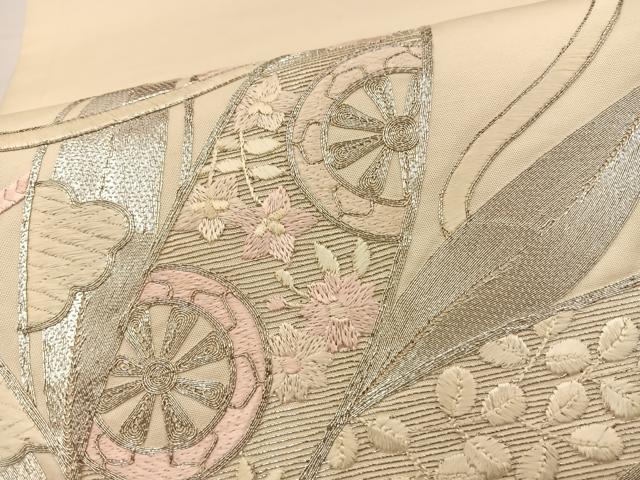 平和屋着物◎太鼓柄袋帯 総駒刺繍 笹 銀糸 正絹 逸品 BAAS9491ow