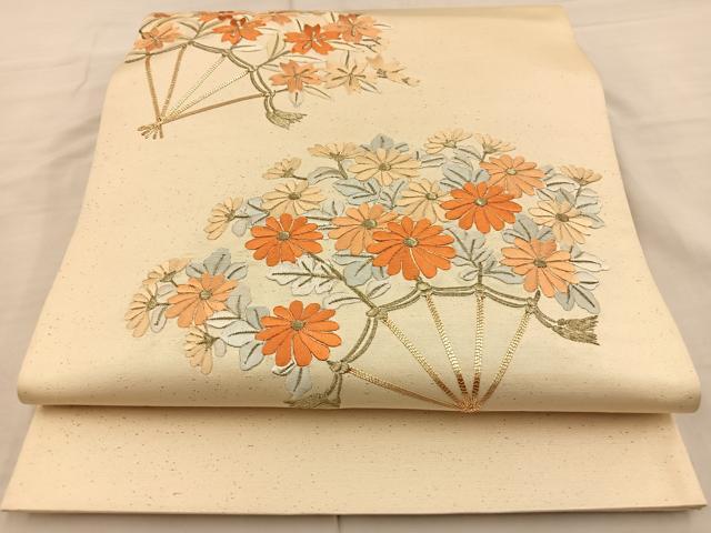 平和屋着物◎太鼓柄袋帯 総刺繍 扇面花文 正絹 逸品 BAAS9512ow