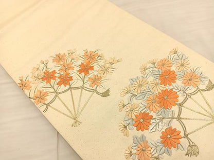 平和屋着物◎太鼓柄袋帯 総刺繍 扇面花文 正絹 逸品 BAAS9512ow