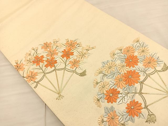 平和屋着物◎太鼓柄袋帯 総刺繍 扇面花文 正絹 逸品 BAAS9512ow