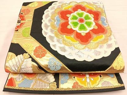 平和屋着物◎六通柄袋帯 唐織 花蝶文 黒地 金銀糸 正絹 逸品 BAAS9524ow