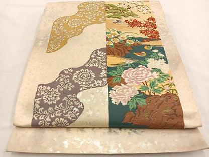 平和屋着物◎太鼓柄袋帯　唐織　花鳥文　金糸　正絹　逸品　BAAS9562ow