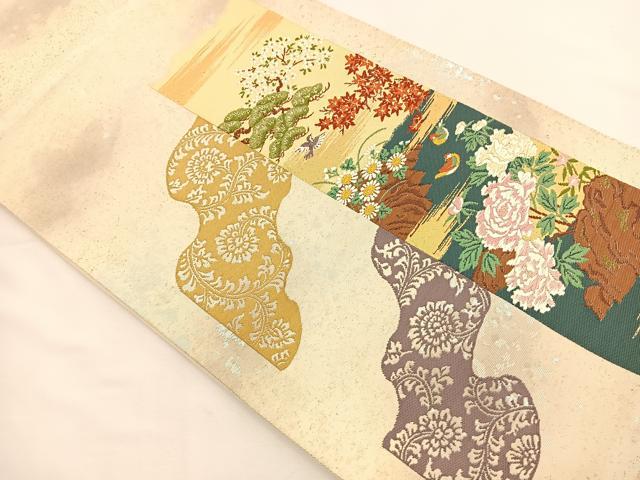 平和屋着物◎太鼓柄袋帯　唐織　花鳥文　金糸　正絹　逸品　BAAS9562ow