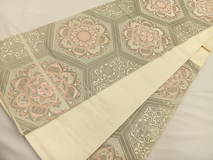 平和屋着物◎六通柄 本袋帯 唐織 正倉院花文 銀糸 正絹 逸品 BAAS9566ow