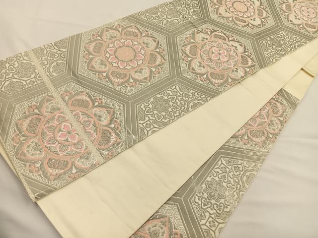 平和屋着物◎六通柄 本袋帯 唐織 正倉院花文 銀糸 正絹 逸品 BAAS9566ow