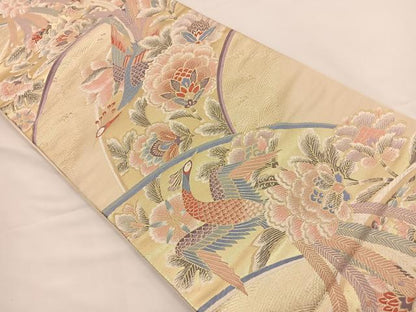 平和屋着物◎六通柄袋帯 唐織 孔雀花文 金糸 正絹 逸品 BAAS9569ow