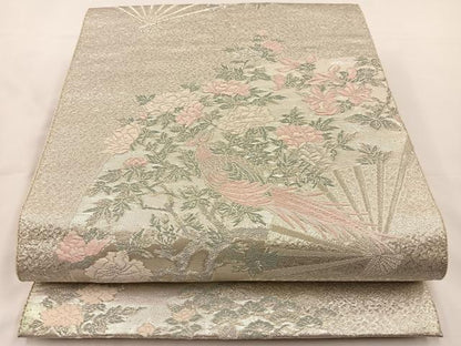 平和屋着物◎六通柄袋帯 唐織 扇面花鳥文 銀糸 正絹 逸品 BAAS9581ow