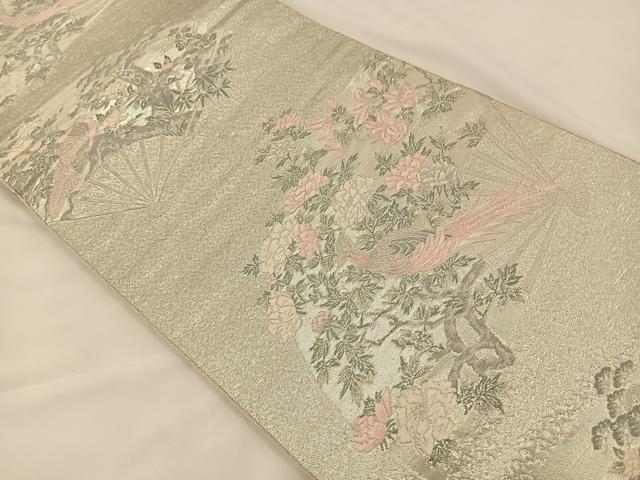 平和屋着物◎六通柄袋帯 唐織 扇面花鳥文 銀糸 正絹 逸品 BAAS9581ow