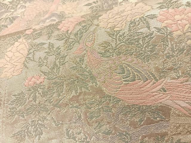 平和屋着物◎六通柄袋帯 唐織 扇面花鳥文 銀糸 正絹 逸品 BAAS9581ow